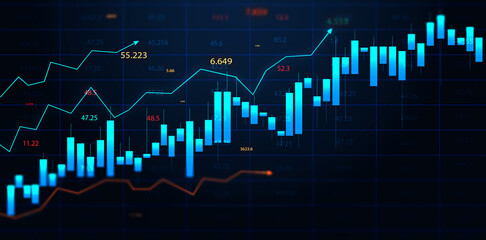 Abstract Financial Technology Background with Blue Forex Charts and Rising Trends,Digital Stock Market Trading Chart with Bullish Growth Arrows and Financial Data Analysis,Rising, profit, cryptocurren