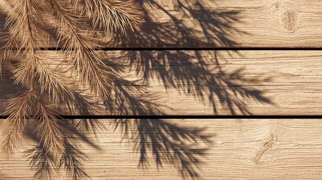 Wooden texture background with pine branch shadows, natural and rustic look, perfect for seasonal, holiday, nature-inspired, eco-friendly, and rustic design or photography projects.
