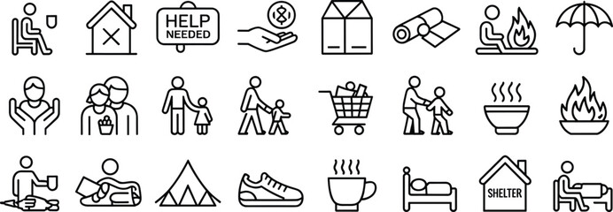 Homelessness icons, humanitarian aid set, poverty vector graphics, shelter, warmth, food, editable, isolated, social support, family, crisis