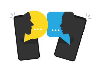 Silhouette of man and woman heads with speech bubbles on a cell phone, stock illustration.