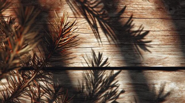 Wooden texture background with pine branch shadows, natural and rustic look, perfect for seasonal, holiday, nature-inspired, eco-friendly, and rustic design or photography projects.
