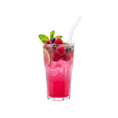 raspberry soda with ice in a cold glass, fresh red fruit beverage