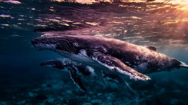 Graceful whales swimming beneath shimmering ocean light capturing a powerful moment of marine beauty connection and natural storytelling inspiring appreciation for underwater wildlife environments