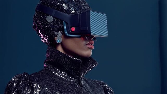 Futuristic portrait of a person wearing advanced VR gear illuminated by dramatic lighting creating a bold technological moment for innovation storytelling digital culture and modern media concepts