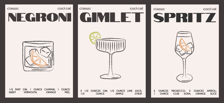 Retro whimsical cocktail recipe cards for Negroni, Gimlet, and Spritz in modern doodle style. Hand drawn classic drink vector illustrations. Bar decor, kitchen wall art, creative menu design.
