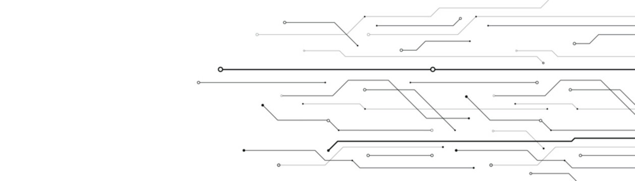 Abstract microelectronics circuit board. Horizontal lines and dots. Technology flow. Clean white background.