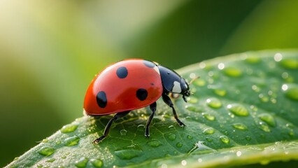Close-up Macro Shot of a Red Ladybug with Black Spots on a Dewy Green Leaf.