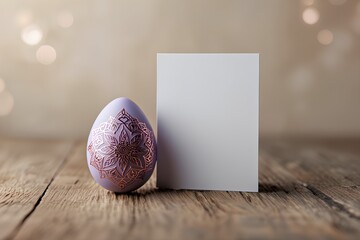 Single Lavender Egg with Rose Gold Mandala Pattern Next to Blank Vertical Card on Rustic Wood.