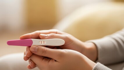 Woman holding a positive pregnancy test, showing two lines, indicating baby on the way. Family planning and new life concept for future mothers.