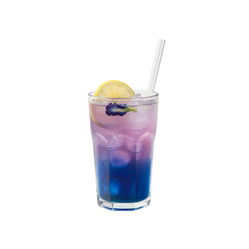 iced butterfly pea tea drink with ice and lemon in a glass