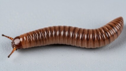 Close-up of a brown millipede crawling on a white surface.