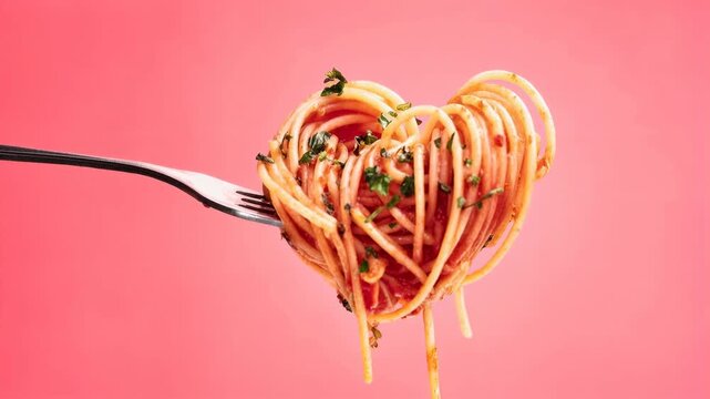 Fork twirls spaghetti into playful heart shape against pink background representing romantic dinner delicious italian cuisine and fun food styling concept