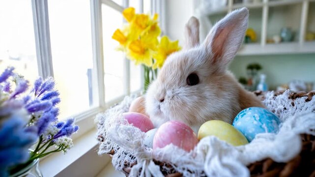 Cute white rabbit sits in wicker basket filled with colorful easter eggs near bright window and spring flowers creating playful holiday mood and cozy family celebration scene