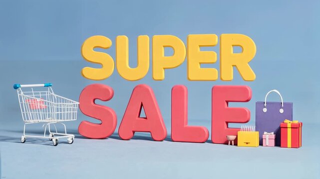 Super sale text in bold yellow and red letters stands beside shopping cart and gift boxes on pastel background presenting modern retail promotion with playful three dimensional design