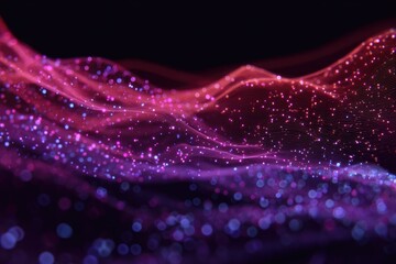 Abstract wave of glowing particles, deep red and purple hues on black background