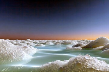 Foam Bubbles Floating on Water Under a Colorful Sky