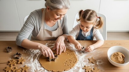 Woman and girl kid baking gingerbread cookies together. Grandmother and grandchild preparing dough cuts for homemade holiday treat. Generations bond.