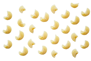 Elbow macaroni pasta pieces isolated on transparent background. Uncooked elbow macaroni arranged neatly isolated on white background.