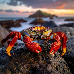 Vibrant Sally Lightfoot Crab on Volcanic Rock at Sunset.