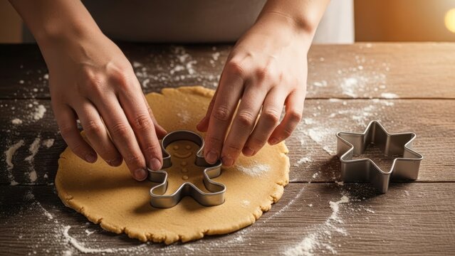 Woman using a gingerbread man cookie cutter on dough. Homemade Christmas baking and cooking preparation concept. Holiday season food. - Powered by Adobe