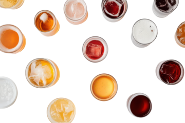 Assortment of colorful cocktails and drinks isolated on transparent background. Various drinks cocktails and beer isolated on white background.