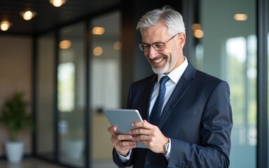 Happy middle aged business man ceo wearing suit standing in office using digital tablet. Smiling mature businessman professional executive manager looking away thinking working on tech device.
