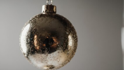 Close up of a vintage mercury glass Christmas ornament hanging against a soft gray background.
