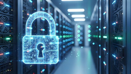 A glowing blue digital padlock superimposed on a server room with rows of blinking computer racks.