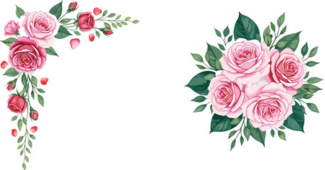 Elegant vector set of delicate pink watercolor roses featuring a lush floral corner frame with scattered petals and a beautiful central bouquet, perfect for romantic wedding invitations and feminine b