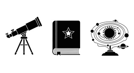 Explore the cosmos with a telescope, discover knowledge with a book, and visualize the solar system for educational projects or astronomy concepts © MUHRODIN