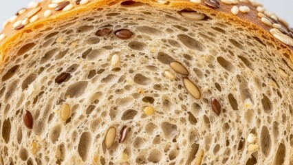 Close up of whole grain bread with seeds showcasing a rustic texture. Healthy natural food for breakfast. Macro shot of homemade baked sourdough.
