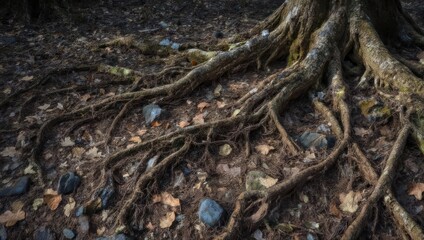 Close up of exposed tree roots intertwined with forest floor debris.