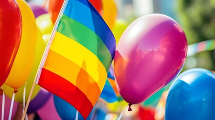 Colorful balloons and a rainbow flag celebration.