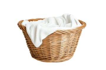 Wicker laundry basket filled with white clothes isolated on transparent background. Wicker laundry basket with White Cloth isolated on white background.