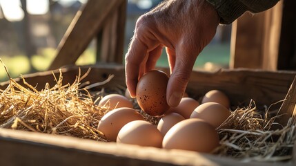 Hand selecting fresh eggs from a crate.