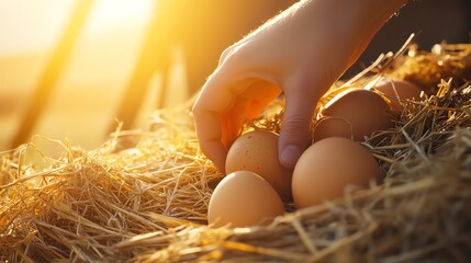 Hands gathering fresh eggs in golden sunlight.