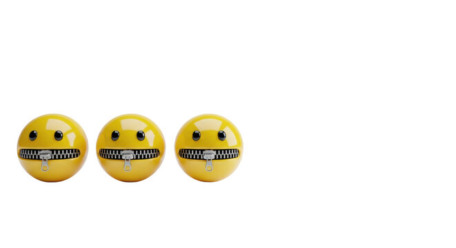 Three identical, photorealistic yellow 3d zipper-mouth emojis in a horizontal line, isolated on a transparent background with copy space. concept of confidentiality and censorship
