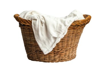 Wicker laundry basket filled with white clothes isolated on transparent background. Wicker laundry basket with White Cloth isolated on white background.