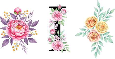 Beautiful watercolor vector collection featuring a pink peony bouquet, a black floral monogram letter 'I' with pink roses, and a peach/yellow corner bouquet, ideal for personalized designs and logos