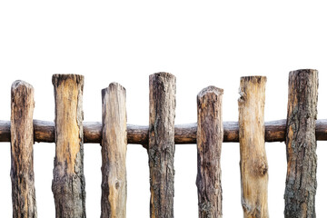 Obraz premium Rustic wooden fence posts with horizontal rail isolated on transparent background. Wooden pole fence isolated on white background.