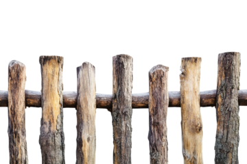 Rustic wooden fence posts with horizontal rail isolated on transparent background. Wooden pole fence isolated on white background.