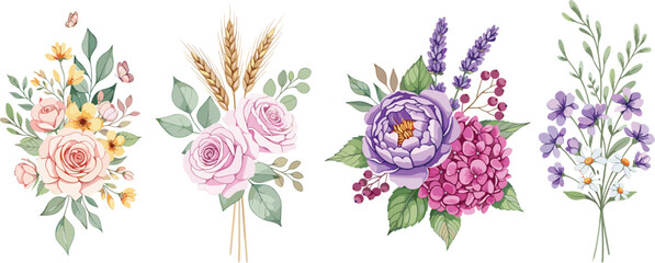 Diverse vector collection of four handpainted watercolor bouquets featuring pink roses, purple peony and lavender, yellow accent flowers, and an elegant arrangement mixed with golden wheat stalks for 