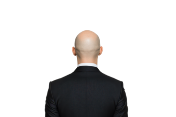Man in black suit and white shirt seen from behind isolated on transparent background. Bald man in formal attire facing away isolated on white background.