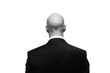 Man in black suit and white shirt seen from behind isolated on transparent background. Bald man in formal attire facing away isolated on white background.