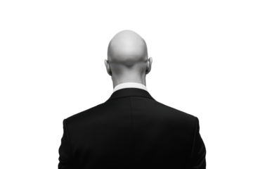 Man in black suit and white shirt seen from behind isolated on transparent background. Bald man in formal attire facing away isolated on white background.