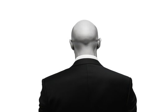 Man in black suit and white shirt seen from behind isolated on transparent background. Bald man in formal attire facing away isolated on white background.
