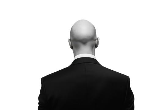 Man in black suit and white shirt seen from behind isolated on transparent background. Bald man in formal attire facing away isolated on white background. - Powered by Adobe