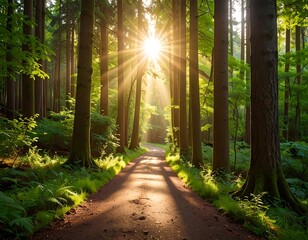 Fototapeta premium Sun rays stream through trees over a forest path