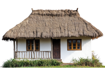Traditional thatched roof cottage with wooden door and windows isolated on transparent background. Bungalow cottage with thatched roof and porch isolated on white background.