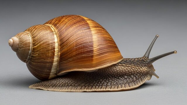Detailed close-up of a garden snail with brown shell.